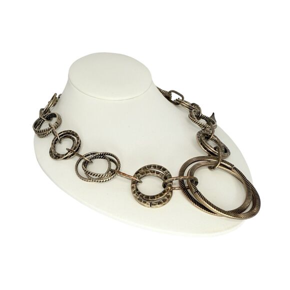 Silver Tone Circle Statement Necklace 26" Gunmetal Chain Link Boho Heavy - Picture 2 of 10